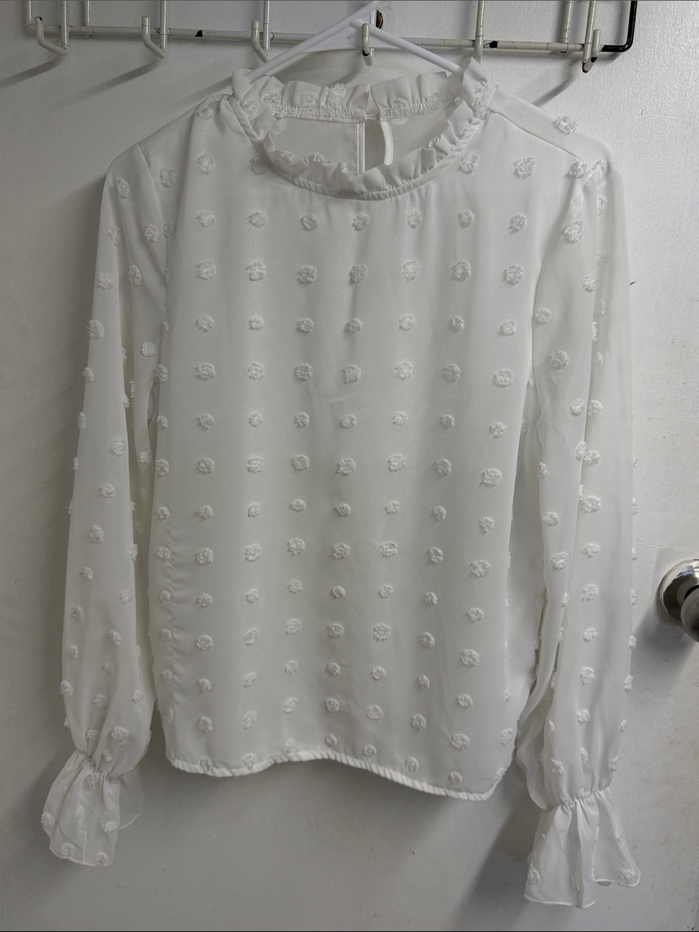 Cooling Material White Polka Dot Swiss Dot Ruffle Neck Blouse
